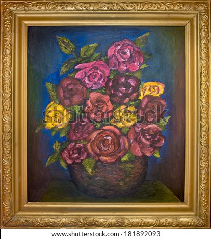 Old oil painting still life of red roses in a golden frame