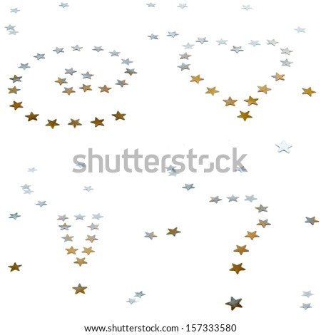 a gold and silver atpersand, a question mark, a exclametion mark and a heart, made of stars on a white background