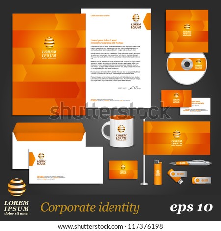 Orange corporate identity template with arrows. Vector company style for brandbook and guideline. EPS 10