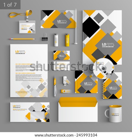 White corporate identity template design with gray and yellow geometric elements. Business stationery