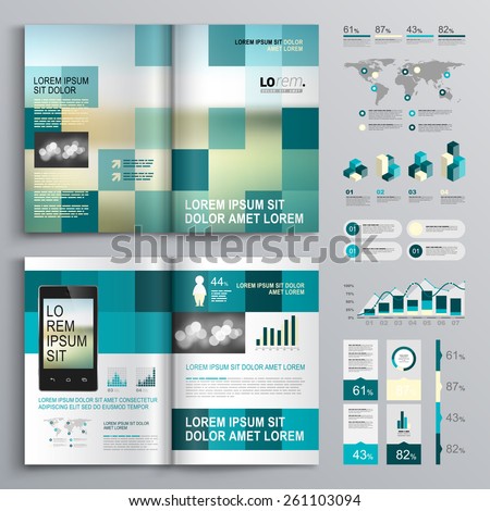 Blue brochure template design with square shapes Cover layout and infographics Blue brochure template design with square shapes Cover layout and infographics
