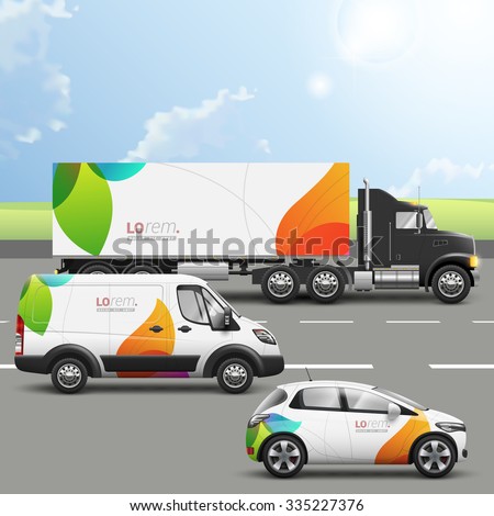 White creative transport advertising design with color shapes. Templates of the truck, bus and passenger car. Corporate identity