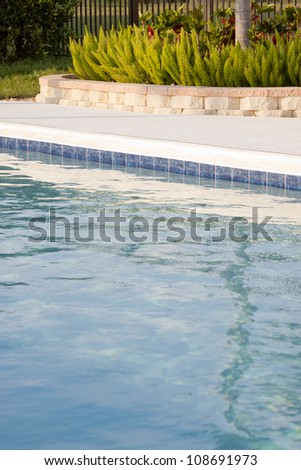 Close up of an outdoor swimming pool and indigenous landscaped plants in the backyard of a home in Florida.