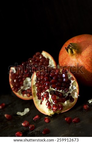 Dark Still Life of Pomegranates\
Note to Inspector: these photos are intentionally dark to give the feeling of chiaroscuro like Renaissance era European still life paintings.