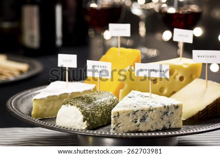 Cheese and Wine Tasting Party with Twinkly Holiday Lights in Background