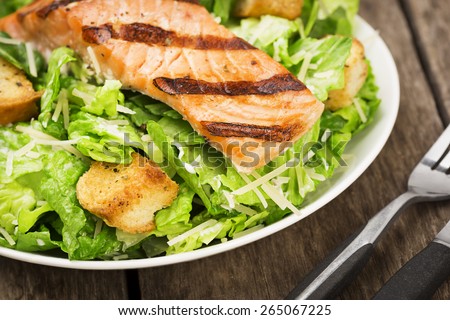 Grilled Salmon Caesar Salad with Romaine, Parmesan, Croutons, and Caesar Dressing