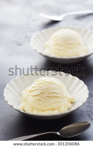 Two Scoops of Vanilla Ice Cream in Bowls with Spoons
