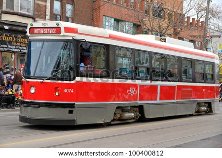 TORONTO - APRIL 8: A Toronto streetcar on April 8, 2012 in Toronto. The Toronto Transit Commission (TTC) operates 11 streetcar lines and 248 streetcars.