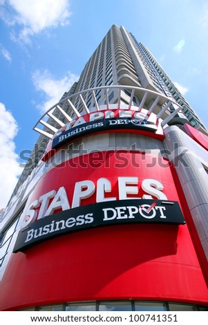 TORONTO - MAY 20: A Staples sign on a building ground floor on May 20, 2011 in Toronto. Staples is an American office supply company with over 2,000 stores worldwide in 26 countries.