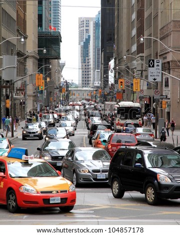 TORONTO-MAY 27 - Traffic conditions in Downtown on May 27, 2012 in Toronto. Toronto is the 4th most congested city in North America and the average Torontonian spends seven hours a week in traffic.