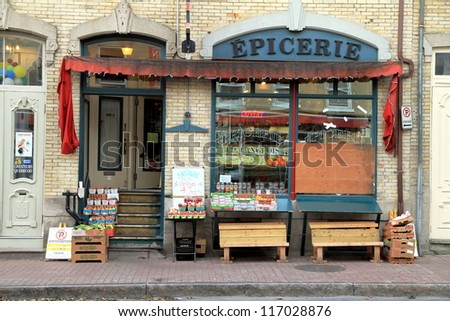 QUEBEC CITY - SEPTEMBER 9: A French store sign on September 9, 2012 in Quebec City. According to the Statistics Canada website, 94.55% of Quebec City\'s population speaks French as their mother tongue.