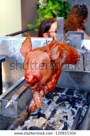 TORONTO - SEPTEMBER 16: A roast pig at a festival on September 16, 2012 in Toronto. Pork is one of the most widely eaten meats in the world, accounting for about 38% of meat production worldwide.