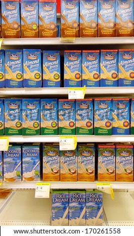 TORONTO - DECEMBER 14: Almond milk selection in a supermarket on December 14, 2013 in Toronto. Unlike animal milk, almond milk contains neither cholesterol nor lactose.