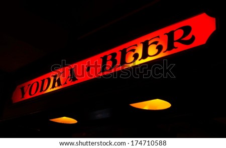 Vodka and beer neon sign in a pub