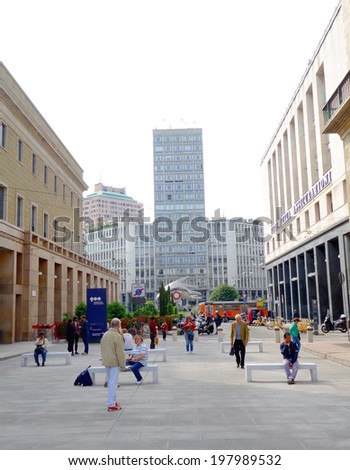 MILAN, ITALY - APRIL 12, 2014: A view of the pedestrian area next to the Duomo square in Milan.