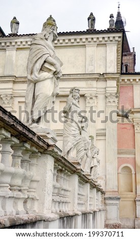 SAN BENEDETTO PO, ITALY - APRIL 21, 2014: Statues of the Polirone Abbey in the central square of San Benedetto Po, Italy. The abbey was founded in 1007 by Tedald, count of Canossa.