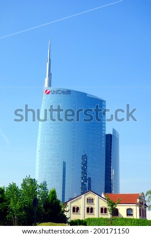 MILAN, ITALY - APRIL 26, 2014: The Unicredit Tower (Torre Unicredit) is a skyscraper in Milan, Italy. With a height of 231 metres (758 ft), it is the tallest building in Italy.