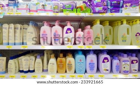 TORONTO, CANADA - NOVEMBER 22, 2014: Soaps and shampoos for kids and babies in a supermarket in Toronto, Canada.