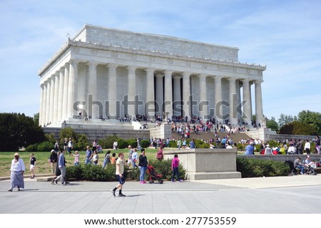 WASHINGTON DC, USA - APRIL 12, 2015: People visit Abraham Lincoln memorial in Washington. 18.9 million tourists visited capital of the United States.