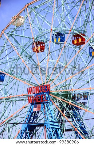 NEW YORK - JULY 16: Coney Island\'s Wonder Wheel on July 16, 2011 in New York. The Wonder Wheel is a 45.7-meters tall eccentric Ferris wheel located in Coney Island, Brooklyn, New York City, USA.