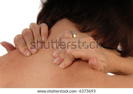 women with back and neck ache rubbing both shoulders isolated on white