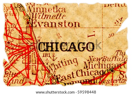 Chicago, Illinois on an old torn map from 1949, isolated. Part of the old map series.