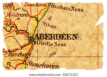 Aberdeen, Scotland on an old torn map from 1949, isolated. Part of the old map series.