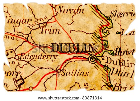 Dublin, Ireland on an old torn map from 1949, isolated. Part of the old map series.