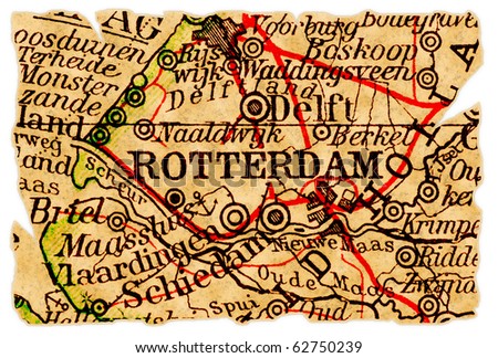 Rotterdam, The Netherlands on an old torn map from 1949, isolated. Part of the old map series.
