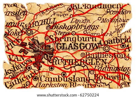 Glasgow, Scotland on an old torn map from 1949, isolated. Part of the old map series.
