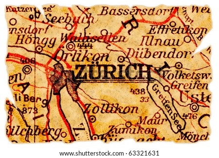 Zurich, Switzerland on an old torn map from 1949, isolated. Part of the old map series.