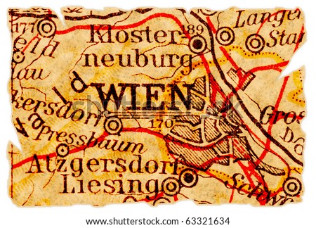 Vienna or Wien, Austria on an old torn map from 1949, isolated. Part of the old map series.