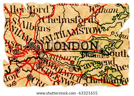 London, UK on an old torn map from 1949, isolated. Part of the old map series.