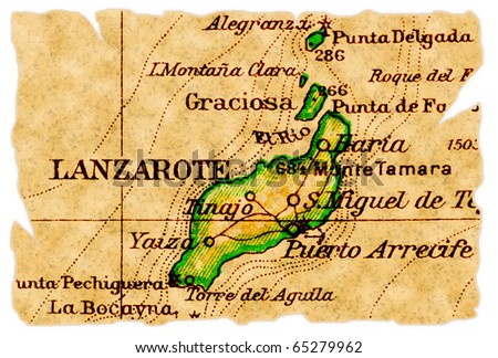 Lanzarote, Canary Islands on an old torn map from 1949, isolated. Part of the old map series.