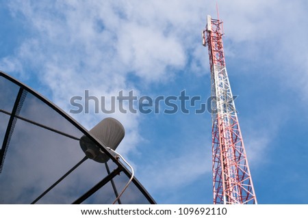 Satellite Dish and Mobile phone communication antenna tower.