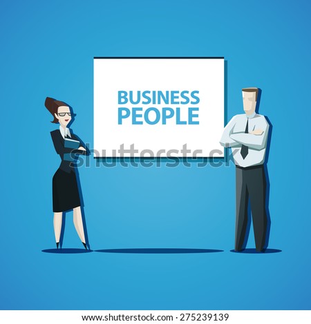 Vector business people concept. Businessman and businesswoman standing in front of the flip chart