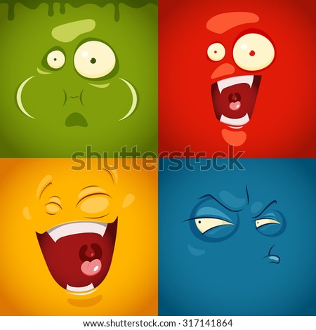 Cute cartoon emotions fear, disgust, laugh, suspicion- vector illustration