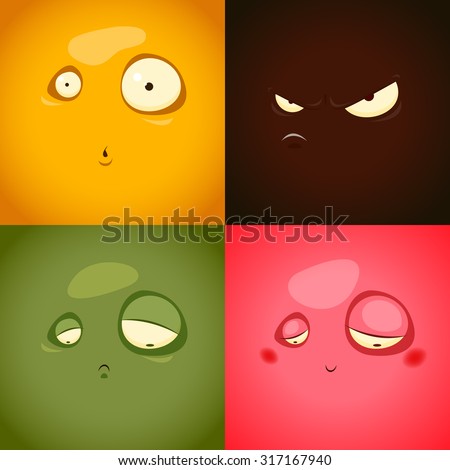 Cute cartoon emotions anger, surprise, sadness, embarrassment - vector illustration