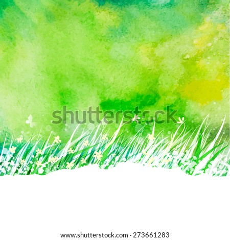 Watercolor abstract background with hand drawing garden grass. Season summer nature illustration. Outdoor decorative label.
