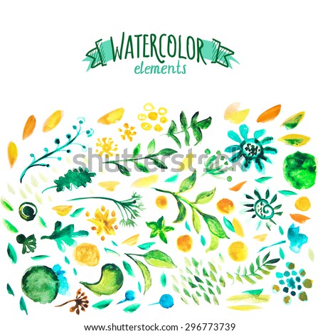 Watercolor vector collection. Hand drawing floral decorative elements. Alternative health care service illustration.