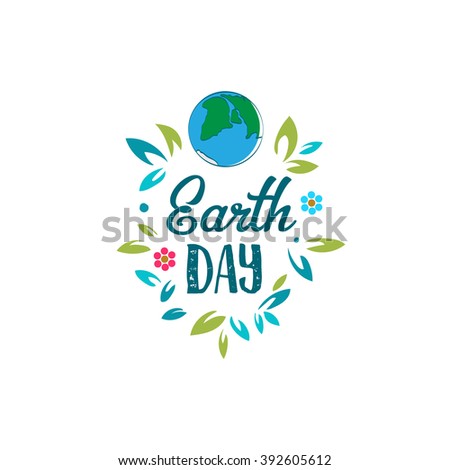 Creative World Environment Day Greeting stock vector. Earth Day logo. April holiday illustration with cartoon earth planet, leaves and flowers, and typography tag. Save green earth sign. Eco friendly