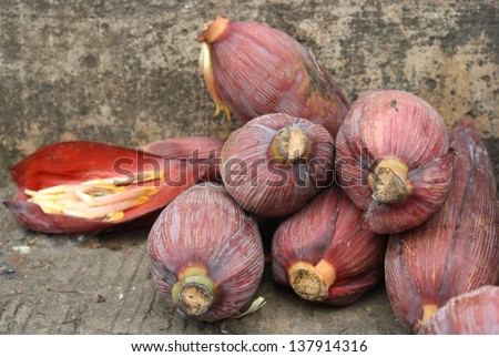 pile of banana blossom for retail sale in local market It is an edible part of banana tree