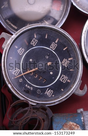 old speedometer for sale in a native used-goods or secondhand trade market in chiang mai, thailand