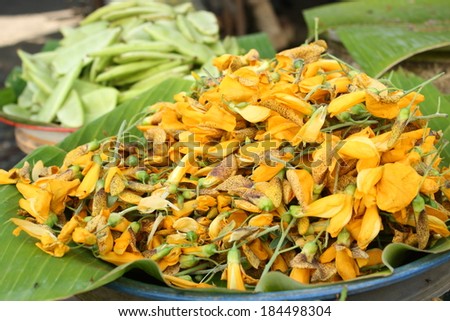 pile of Sesbania grandiflora flower in thailand local market. a kind of edible plant in thailand.