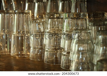 beautiful glass, wine glass, empty glass place on wooden table.