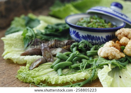 green chili dip with cooked vegetable and pork snack, thai style green chilli dip with cooked vegetable and pork snack,