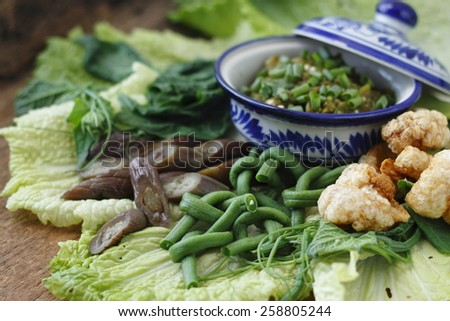 green chili dip with cooked vegetable and pork snack, thai style green chilli dip with cooked vegetable and pork snack,