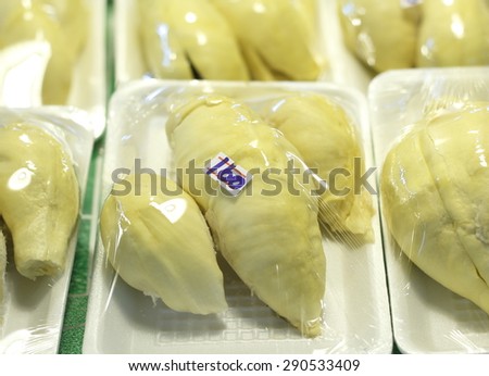 durian. ready to eat durian in market. king of fruit. (labeled price is thai baht per pack)