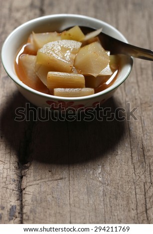 hot and sour, mixed vegetable on old wood background. Thai food. Thai curry. vegetarian food.