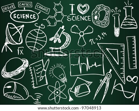 Scientific icons and formulas on the school board illustration Scientific icons and formulas on the school board illustration